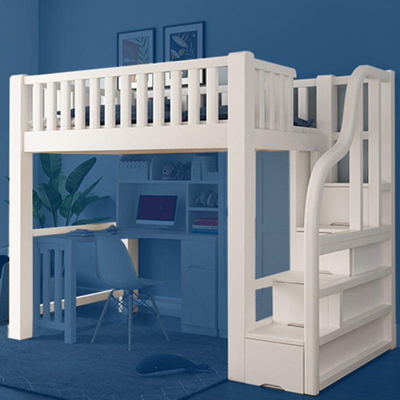 Modern Solid Wood Loft Bed Natural Storage Kids Bed with Guardrails