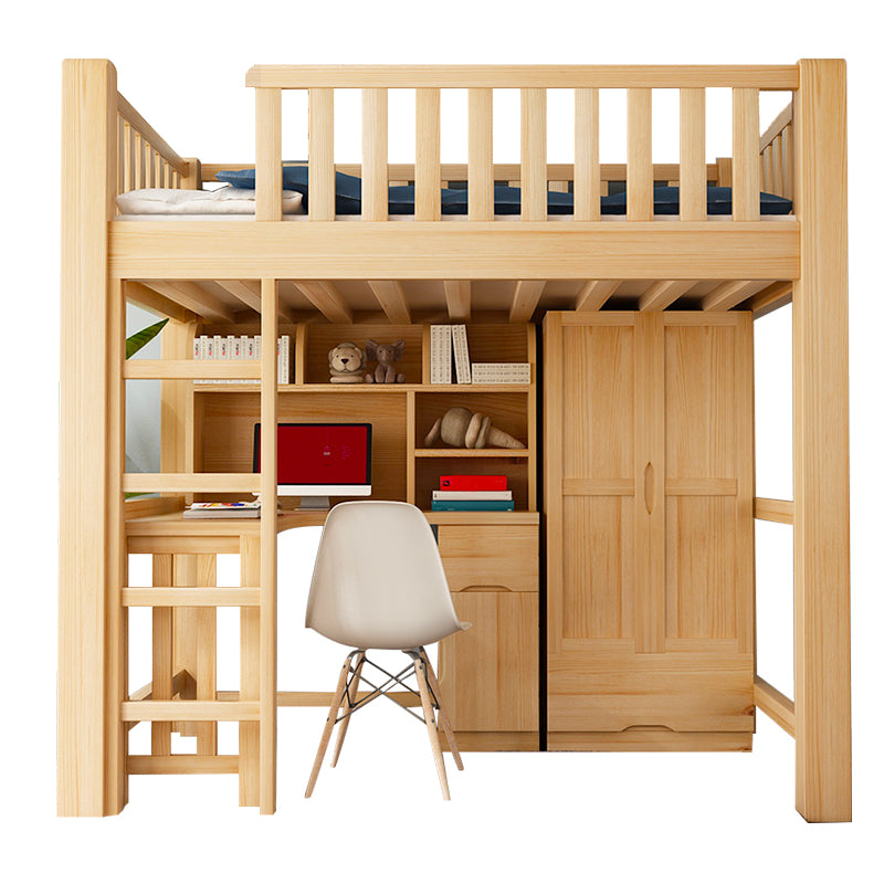 Modern Solid Wood Loft Bed Natural Storage Kids Bed with Guardrails