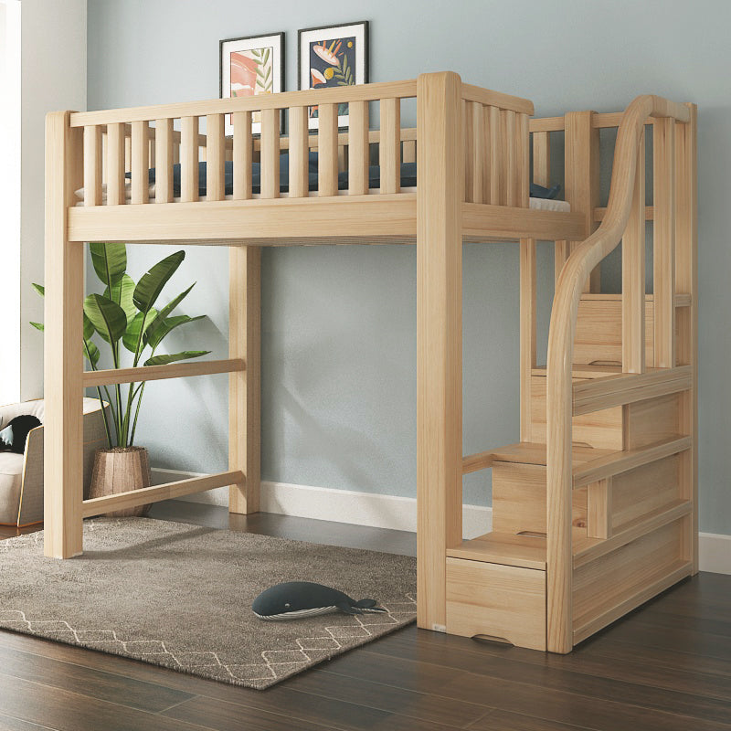 Modern Solid Wood Loft Bed Natural Storage Kids Bed with Guardrails