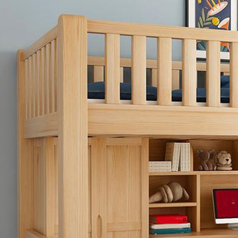 Modern Solid Wood Loft Bed Natural Storage Kids Bed with Guardrails