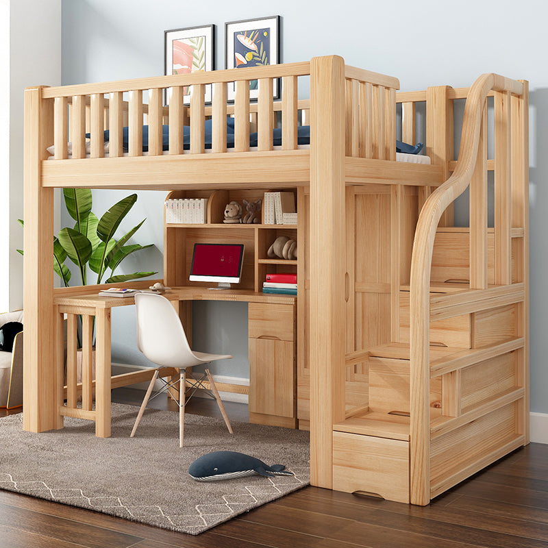 Modern Solid Wood Loft Bed Natural Storage Kids Bed with Guardrails