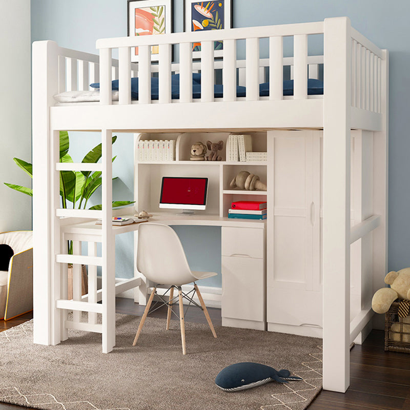 Modern Solid Wood Loft Bed Natural Storage Kids Bed with Guardrails