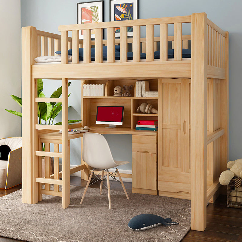 Modern Solid Wood Loft Bed Natural Storage Kids Bed with Guardrails