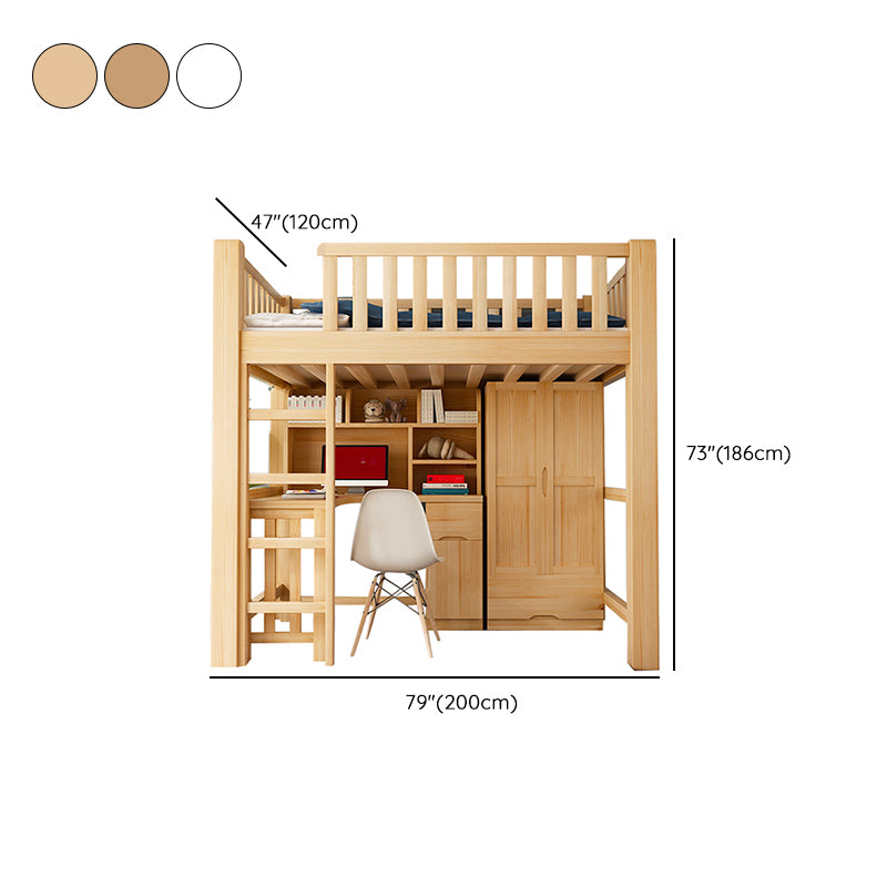 Modern Solid Wood Loft Bed Natural Storage Kids Bed with Guardrails