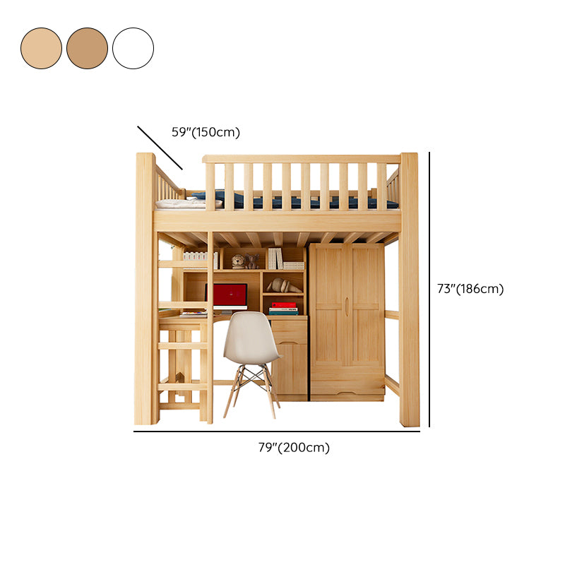 Modern Solid Wood Loft Bed Natural Storage Kids Bed with Guardrails