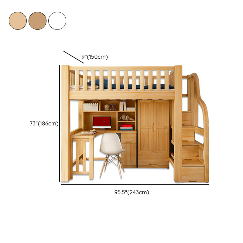 Modern Solid Wood Loft Bed Natural Storage Kids Bed with Guardrails