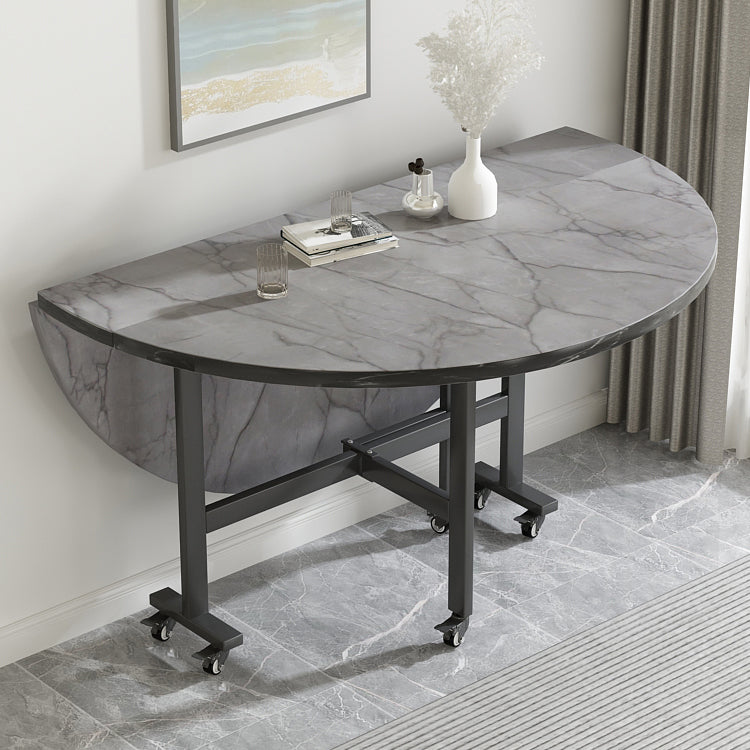 Modern Foldable Dining Table Round Grey Wood Tabletop with Metal Trestle Base