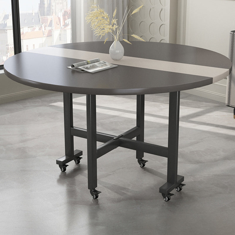 Modern Foldable Dining Table Round Grey Wood Tabletop with Metal Trestle Base
