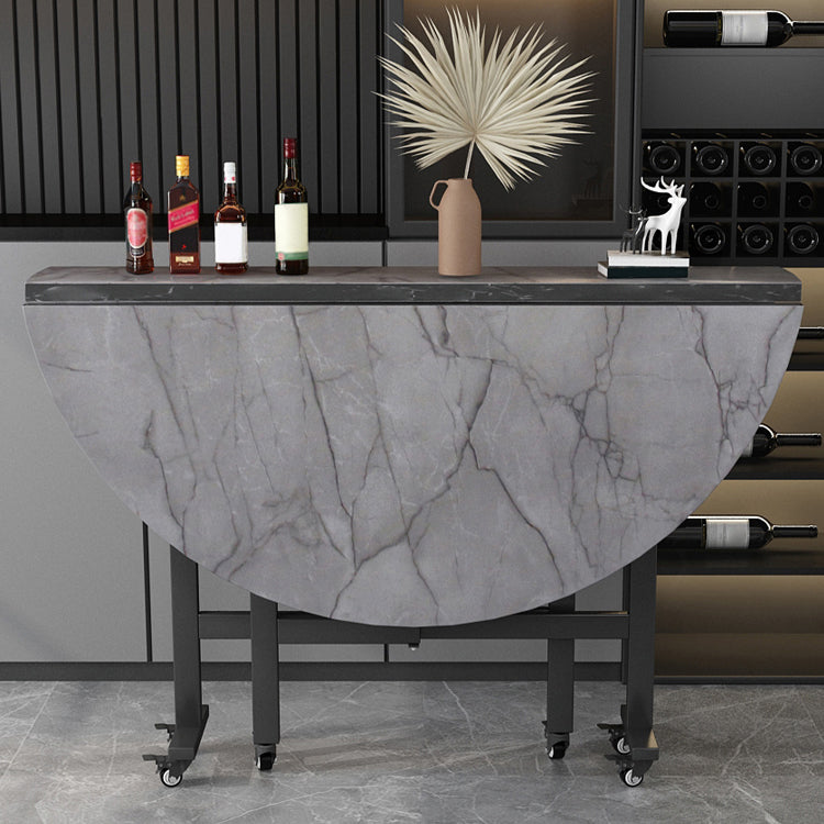 Modern Foldable Dining Table Round Grey Wood Tabletop with Metal Trestle Base