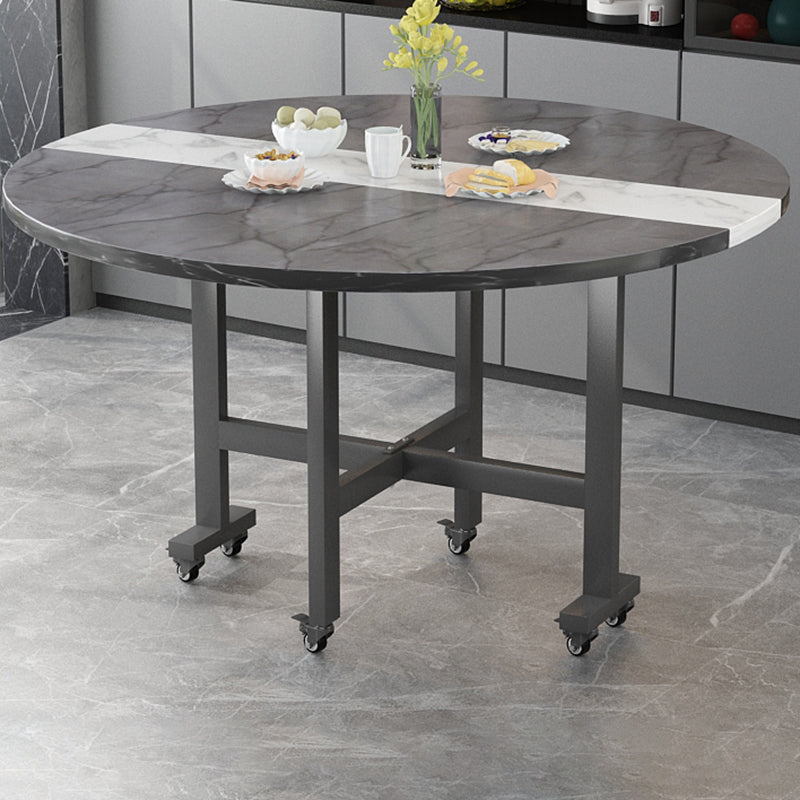 Modern Foldable Dining Table Round Grey Wood Tabletop with Metal Trestle Base
