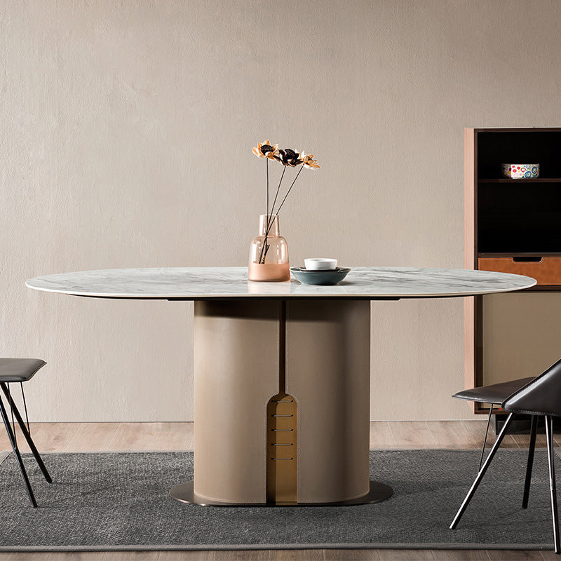 Modern Oval Marble Top Dining Table with Solid Wood Pedestal Base
