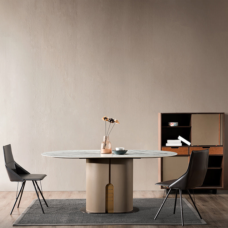 Modern Oval Marble Top Dining Table with Solid Wood Pedestal Base
