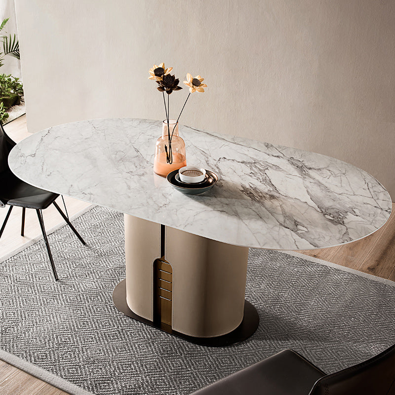 Modern Oval Marble Top Dining Table with Solid Wood Pedestal Base