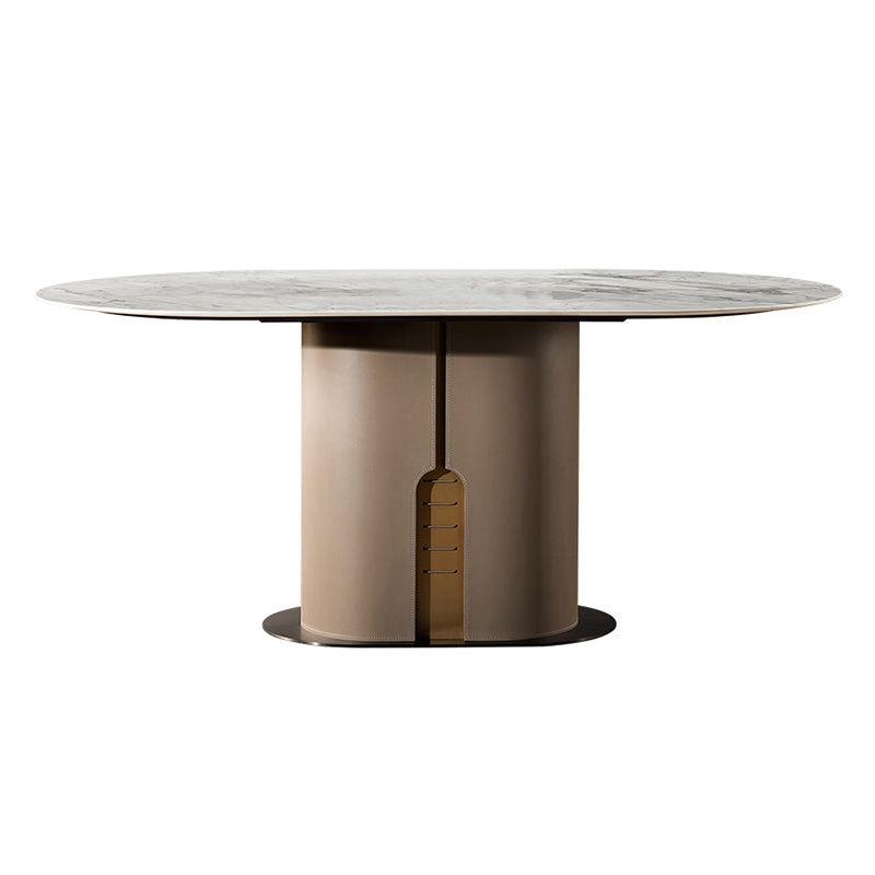 Modern Oval Marble Top Dining Table with Solid Wood Pedestal Base