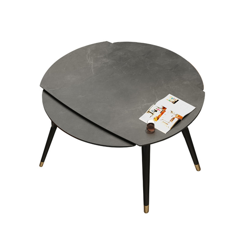 Round Extendable Dining Table Modern Stone Tabletop with Solid Wood Legs