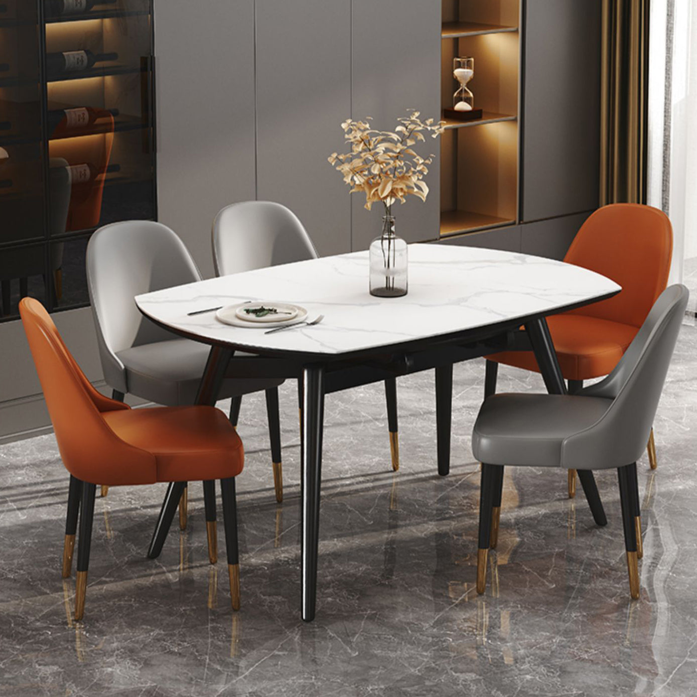 Round Extendable Dining Table Modern Stone Tabletop with Solid Wood Legs