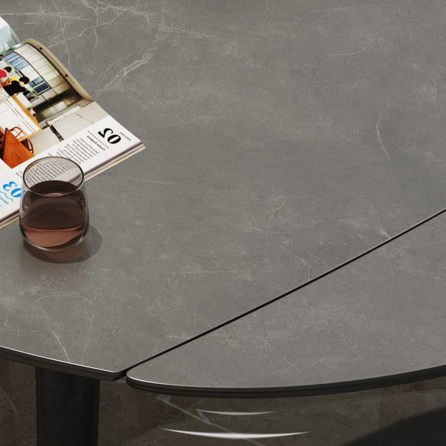 Round Extendable Dining Table Modern Stone Tabletop with Solid Wood Legs