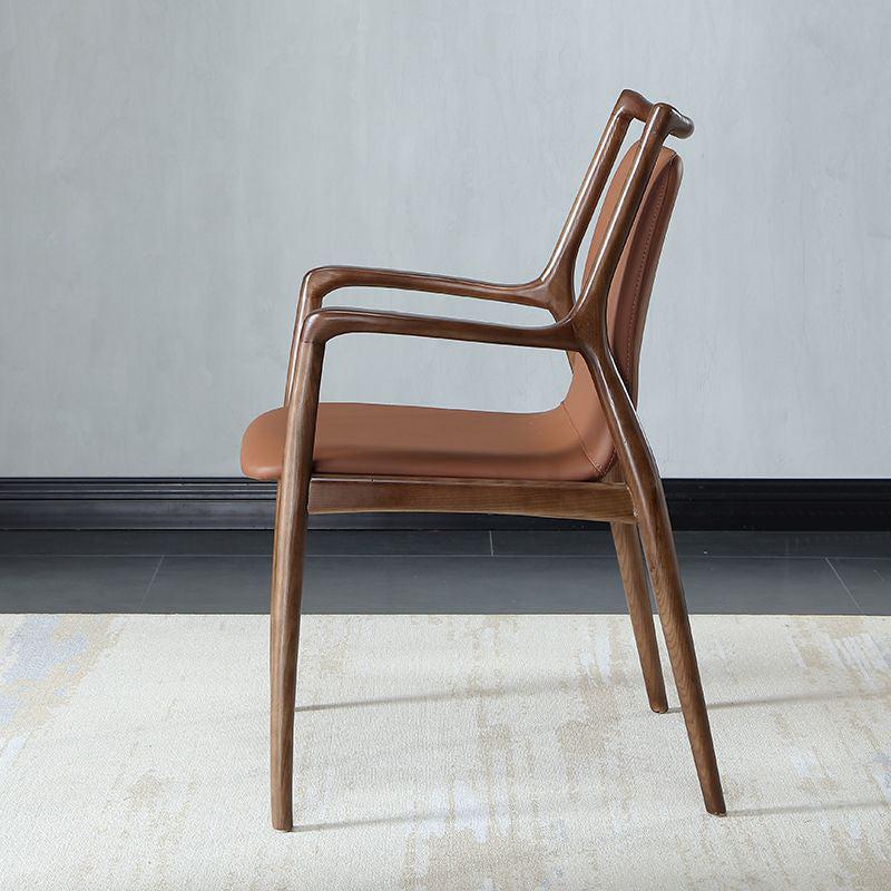 Nordic Style Leather Brown Arm Dining Chair in Solid Wood for Home
