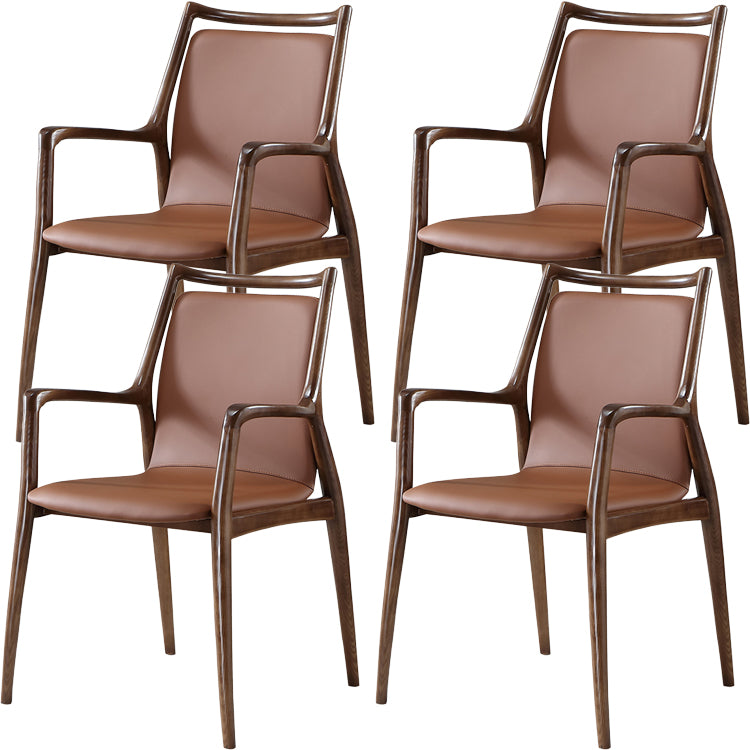 Nordic Style Leather Brown Arm Dining Chair in Solid Wood for Home