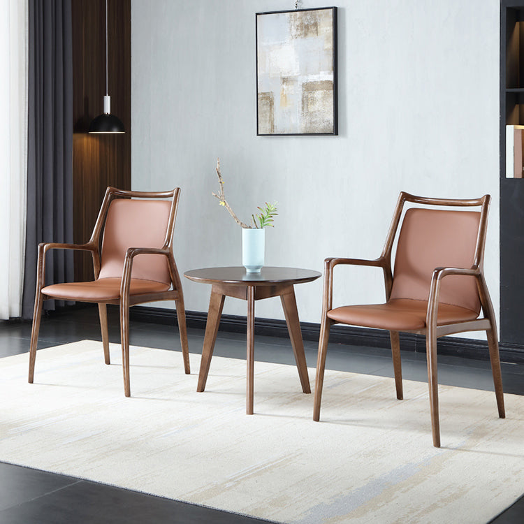 Nordic Style Leather Brown Arm Dining Chair in Solid Wood for Home