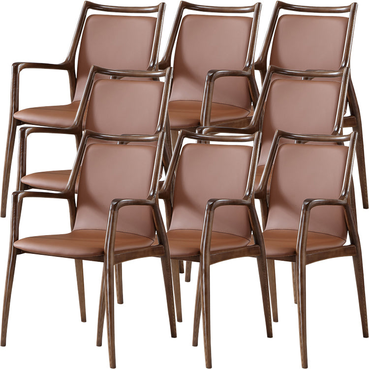 Nordic Style Leather Brown Arm Dining Chair in Solid Wood for Home