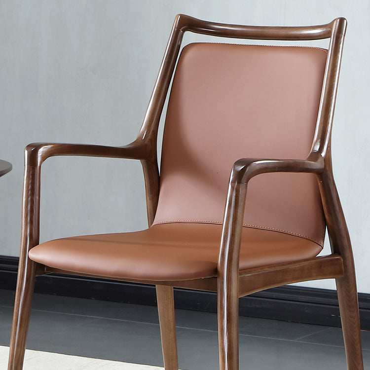 Nordic Style Leather Brown Arm Dining Chair in Solid Wood for Home