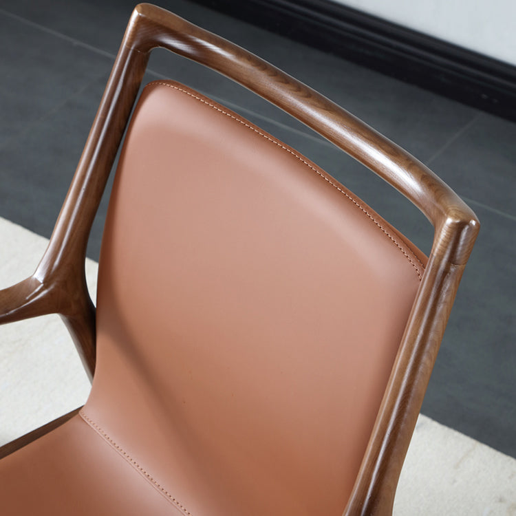Nordic Style Leather Brown Arm Dining Chair in Solid Wood for Home