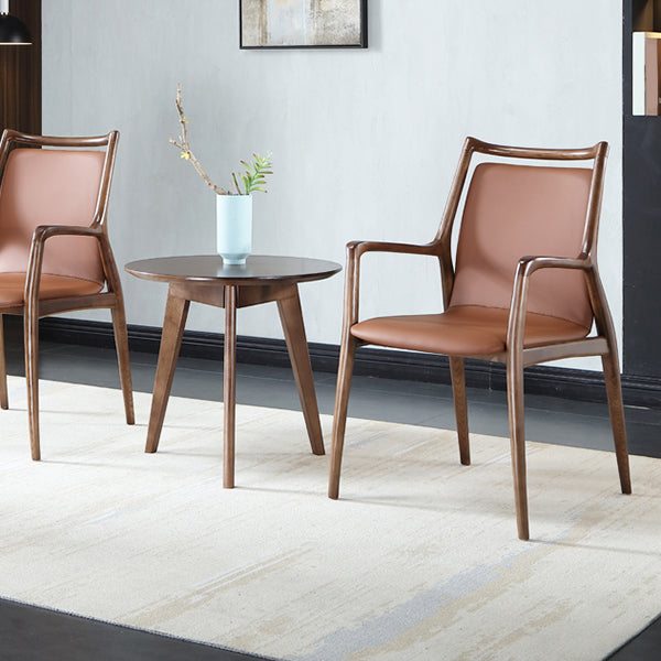 Nordic Style Leather Brown Arm Dining Chair in Solid Wood for Home