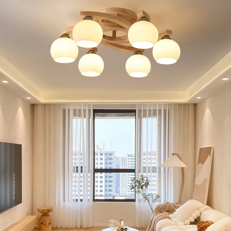 Modern Style Ceiling Mount Light Wooden Spherical with Glass Shade for Bedroom