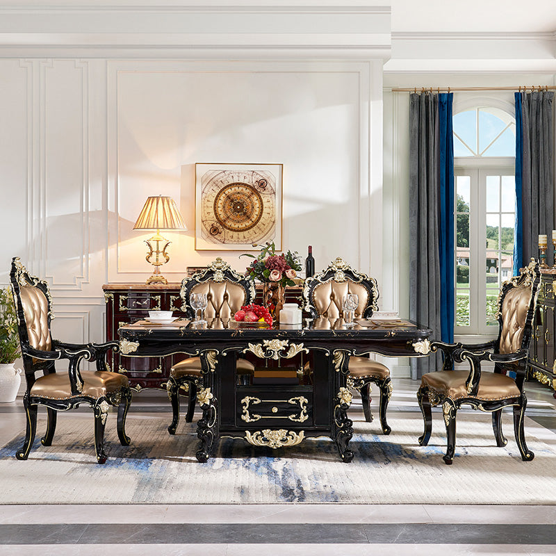 Glam Kitchen Table with Faux Marble Top Solid Wood Legs in Black