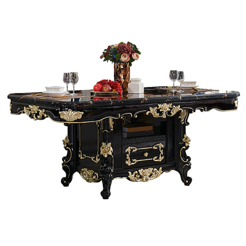 Glam Kitchen Table with Faux Marble Top Solid Wood Legs in Black