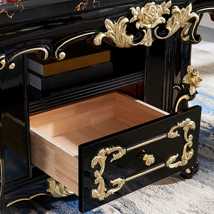 Glam Kitchen Table with Faux Marble Top Solid Wood Legs in Black