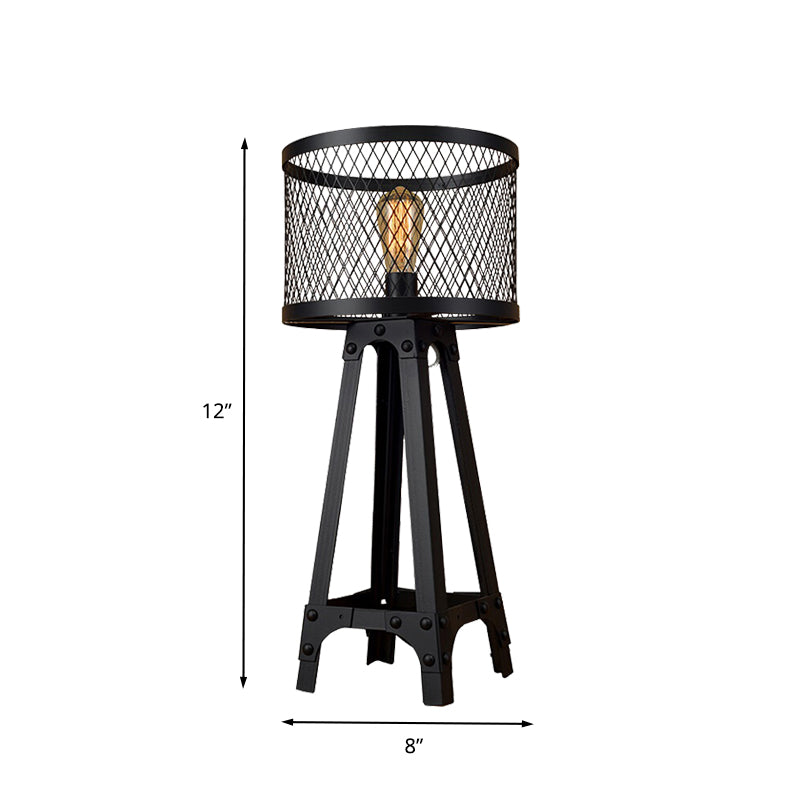 Drum Mesh Metal Shade Table Lighting Retro Stylish 1 Light Farmhouse Standing Floor Light with Tripod Design in Black
