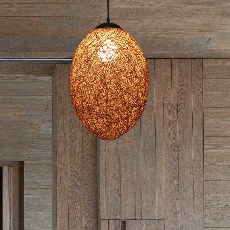 Rattan Woven Oblong Pendant Lighting Asia Style 1 Head Ceiling Suspension Lamp in Brown/Coffee