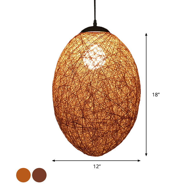 Rattan Woven Oblong Pendant Lighting Asia Style 1 Head Ceiling Suspension Lamp in Brown/Coffee