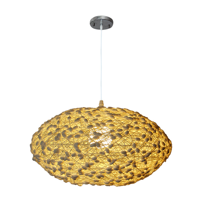 Asian 1-Bulb Hanging Lighting Beige Oval Nest Ceiling Pendant Lamp with Rattan Shade for Bedroom