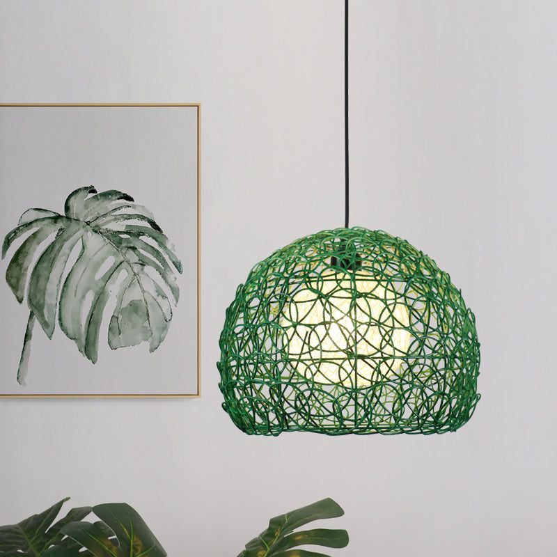 Globe Cage Hanging Light Kit Modern Rattan 1 Head Green Finish Pendant Lamp Fixture for Restaurant