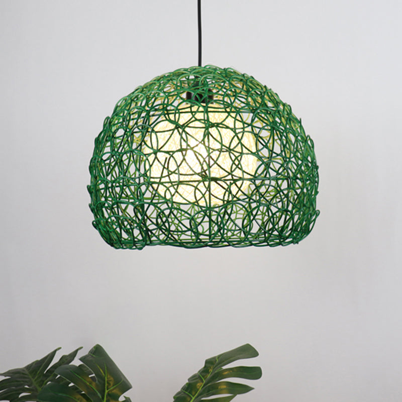 Globe Cage Hanging Light Kit Modern Rattan 1 Head Green Finish Pendant Lamp Fixture for Restaurant