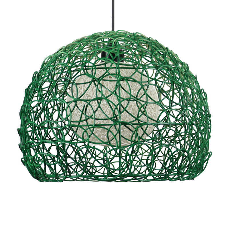 Globe Cage Hanging Light Kit Modern Rattan 1 Head Green Finish Pendant Lamp Fixture for Restaurant