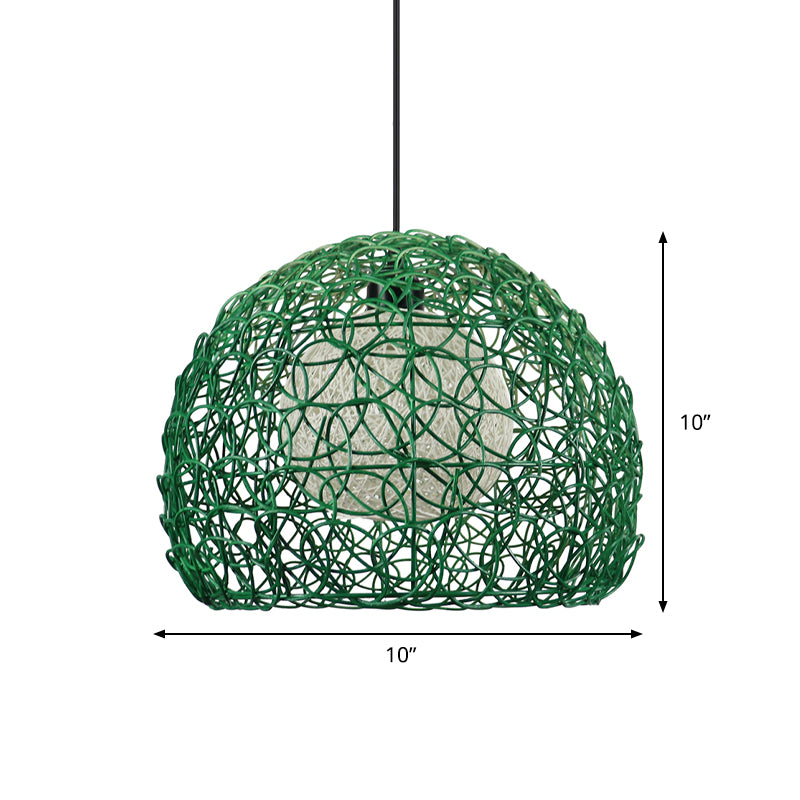 Globe Cage Hanging Light Kit Modern Rattan 1 Head Green Finish Pendant Lamp Fixture for Restaurant