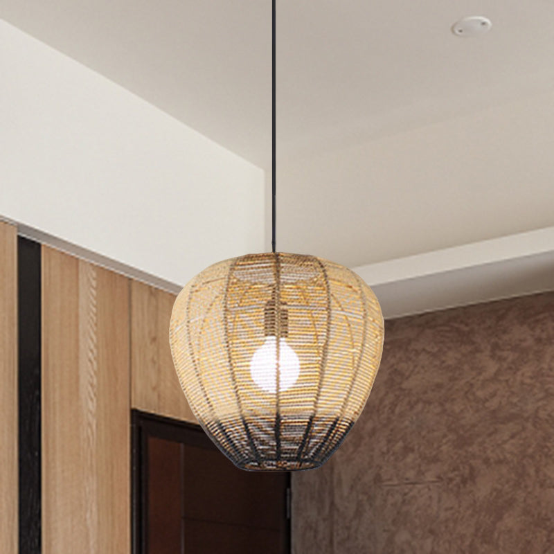 1 Light Tea Room Suspension Light Modern Wood and Black Ceiling Hang Fixture with Waterdrop Rattan Shade