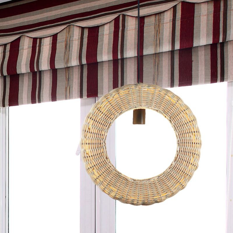 Woven Loop Suspension Light Asian Rattan 1 Light Bedside Hanging Pendant Lamp in Wood