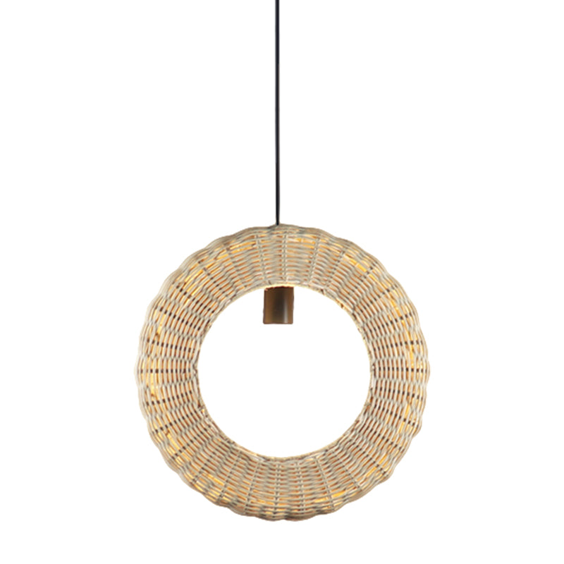 Woven Loop Suspension Light Asian Rattan 1 Light Bedside Hanging Pendant Lamp in Wood