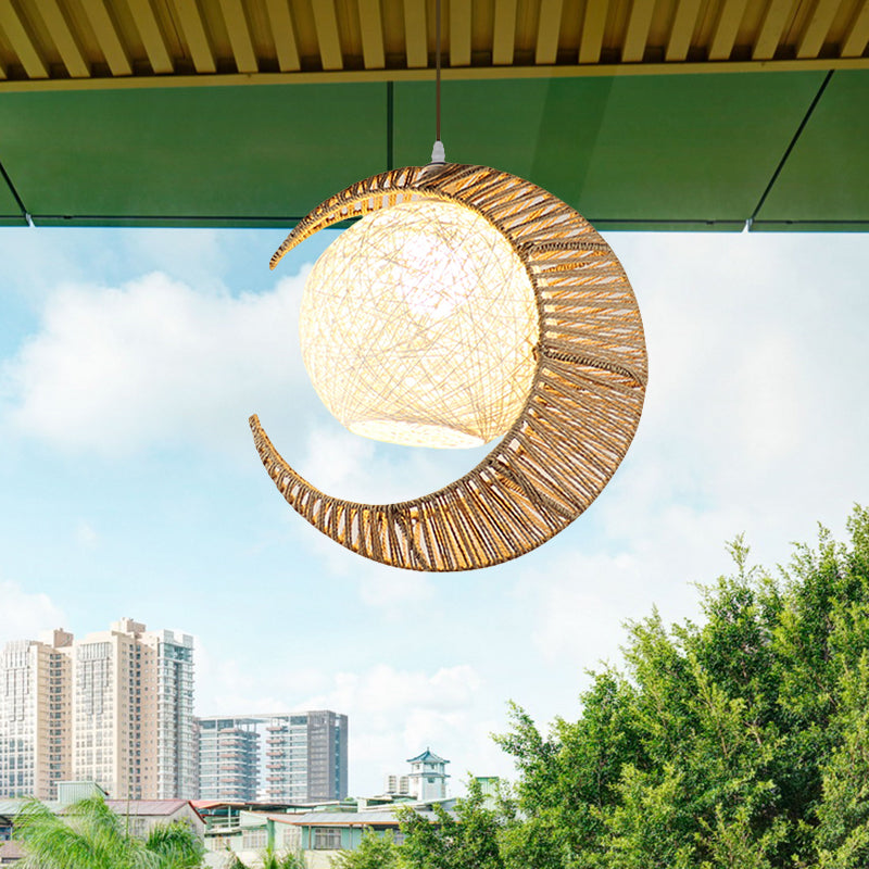 Flaxen Moon and Ball Hanging Lighting Asia 1 Bulb Rattan Ceiling Pendant Lamp for Balcony
