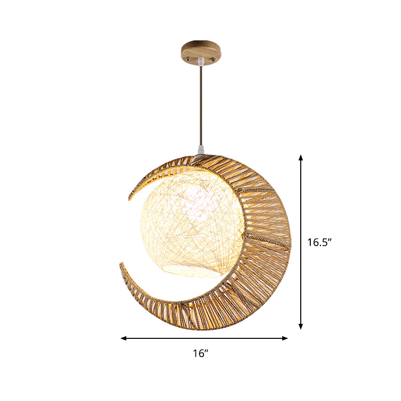 Flaxen Moon and Ball Hanging Lighting Asia 1 Bulb Rattan Ceiling Pendant Lamp for Balcony