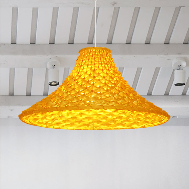 Rattan Wide Flared Drop Pendant Light Asian 1-Head Light Yellow Suspension Lamp for Living Room