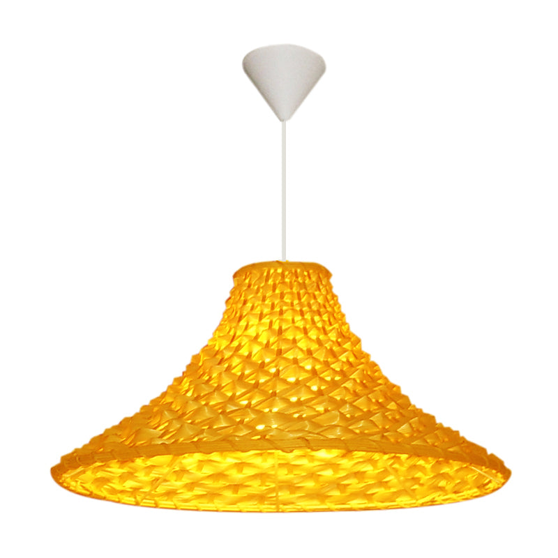 Rattan Wide Flared Drop Pendant Light Asian 1-Head Light Yellow Suspension Lamp for Living Room