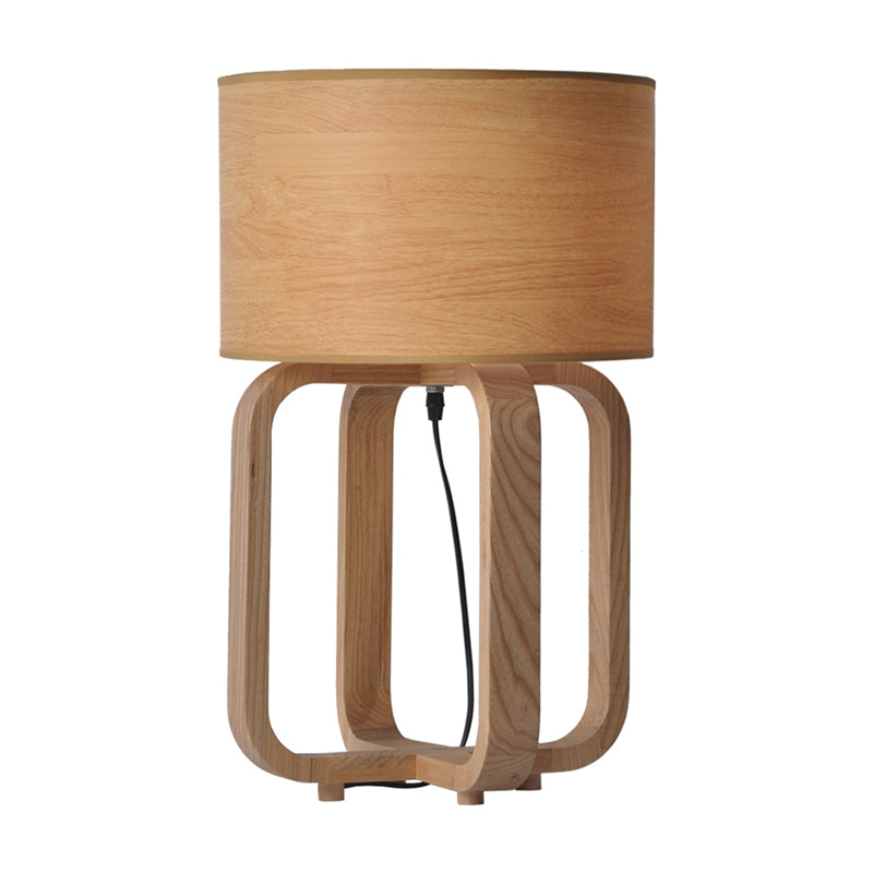 Drum en vierkant frame tafellamp Aziatisch hout 1-lichts slaapkamernachtlamp in beige