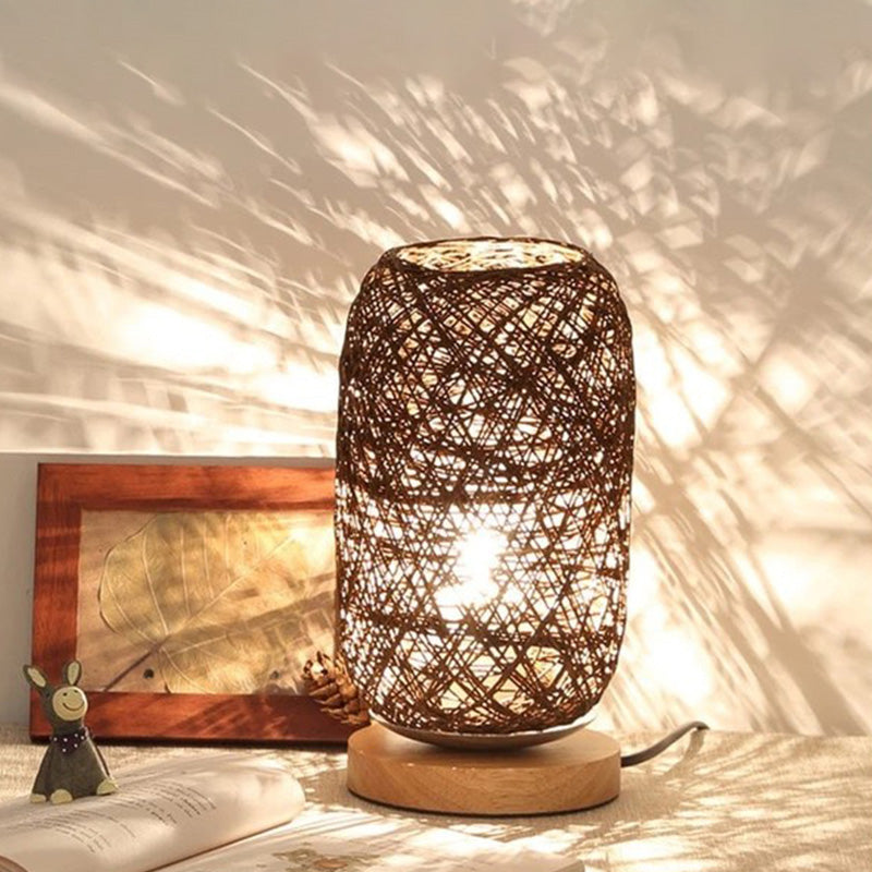 Bamboo Rattan Capsule Night Table Light Modern Asia 1-Light Beige/Coffee Nightstand Lamp