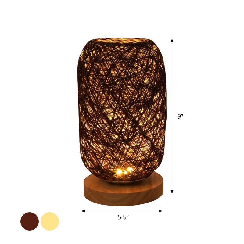 Bamboo Rattan Capsule Night Table Light Modern Asia 1-Light Beige/Coffee Nightstand Lamp